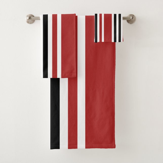 Red Black Grey Vertical Stripes Pattern Bath Towel Set (Insitu)