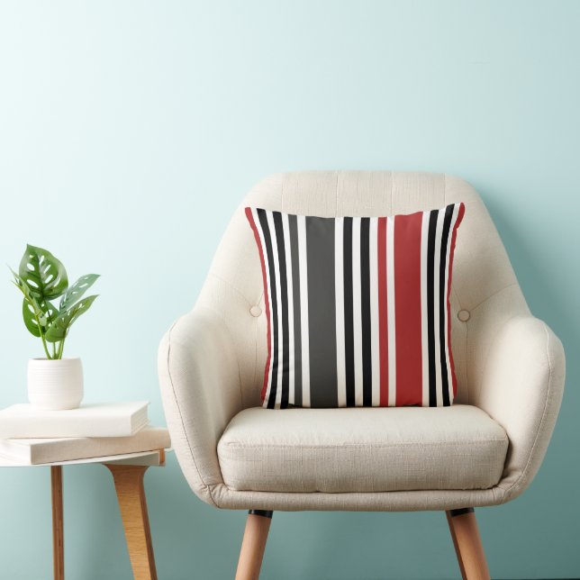 Red Black Grey Vertical Stripes Pattern Throw Pillow (Chair)