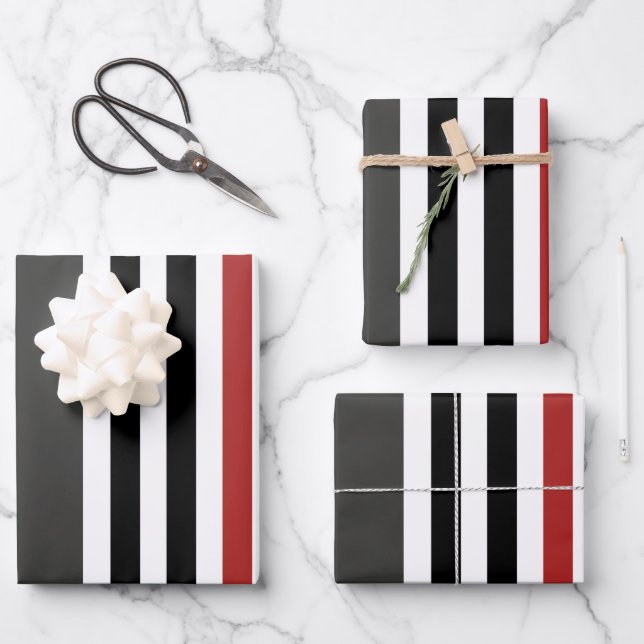 Red Black Grey Vertical Stripes Pattern Wrapping Paper Sheet (Front)