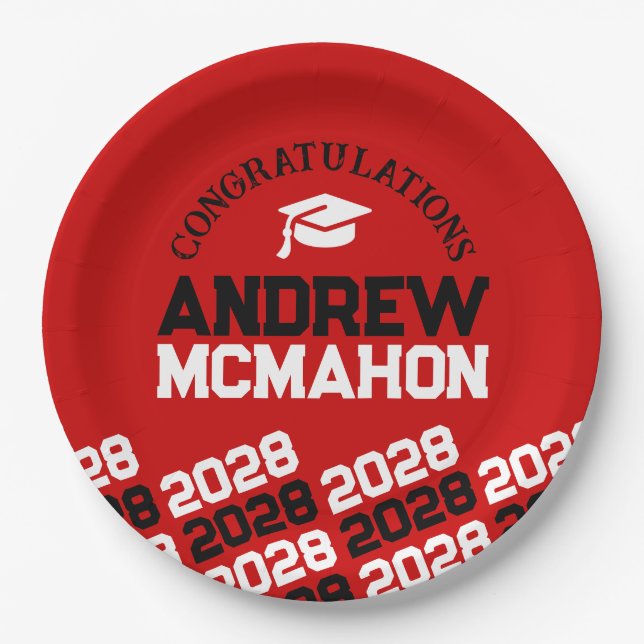 Red & Black Half Repeat Grad Personalized Paper Plate (Front)