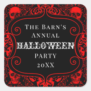 Red Black Halloween Damask Skull Gothic Custom Square Sticker