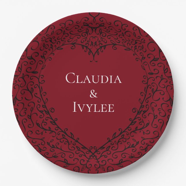 Red Black Heart Wedding Gothic Paper Plate (Front)