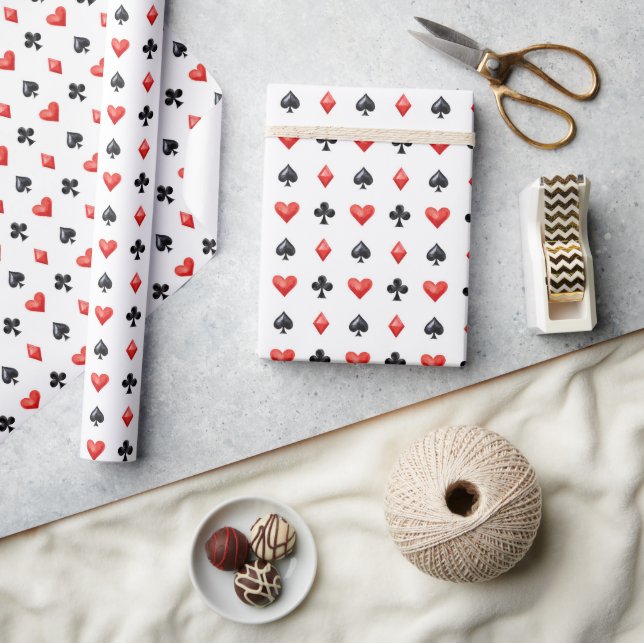 Red Black Hearts Clubs Diamonds Spades Cards Wrapping Paper (Crafts)