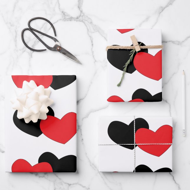 Red Black Hearts Happy Valentine's Day Wrapping Paper Sheet (Front)