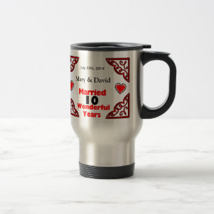 Red Black Hearts Names & Date 10 Yr Anniversary Travel Mug