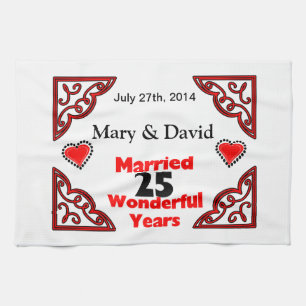 Red Black Hearts Names & Date 25 Yr Anniversary Kitchen Towel