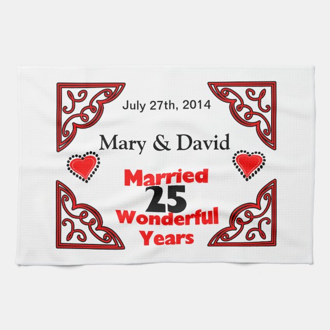 Red Black Hearts Names & Date 25 Yr Anniversary Kitchen Towel (Horizontal)