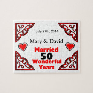 Red Black Hearts Names & Date 50 Yr Anniversary Jigsaw Puzzle