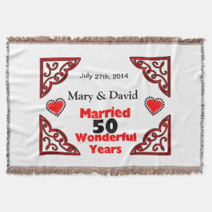 Red Black Hearts Names & Date 50 Yr Anniversary Throw Blanket