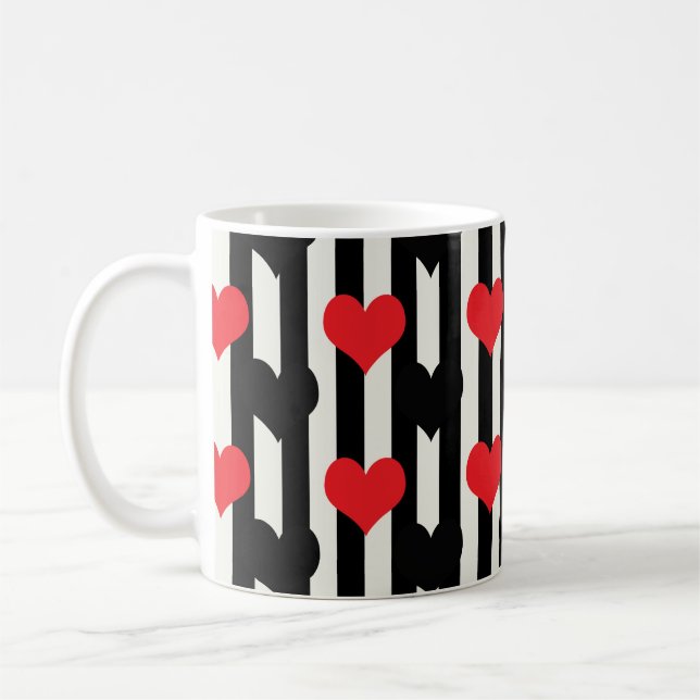 Red Black Hearts On Black White Stripes Coffee Mug (Left)