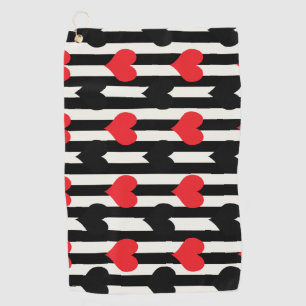 Red Black Hearts On Black White Stripes Golf Towel