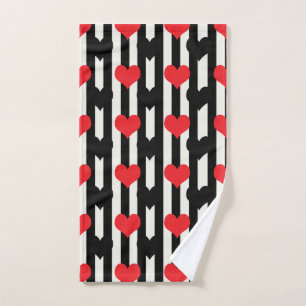 Red Black Hearts On Black White Stripes Hand Towel