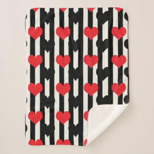Red Black Hearts On Black White Stripes Sherpa Blanket