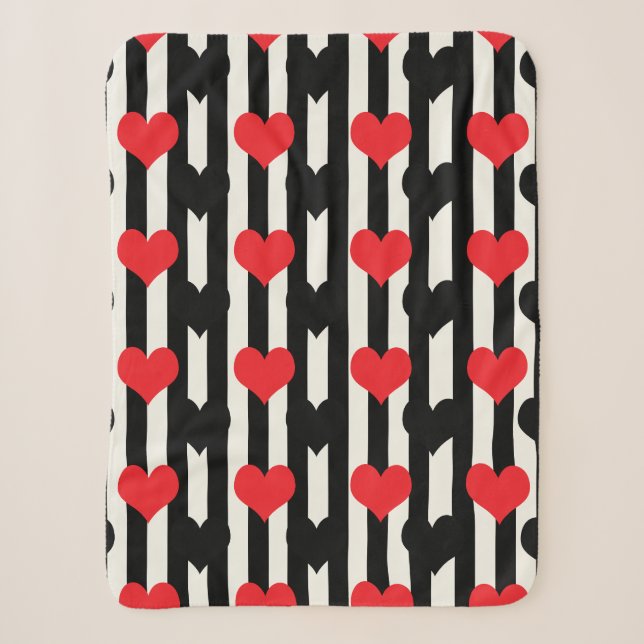 Red Black Hearts On Black White Stripes Sherpa Blanket (Front)