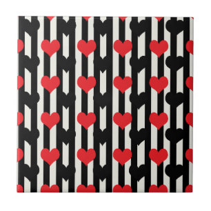 Red Black Hearts On Black White Stripes Tile