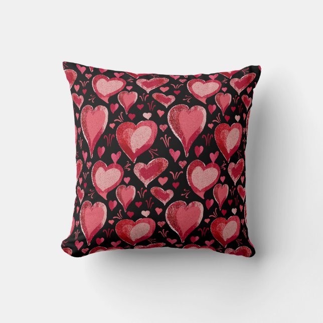 Red Black Hearts Pattern Drawing Valentine`s Day Throw Pillow (Front)