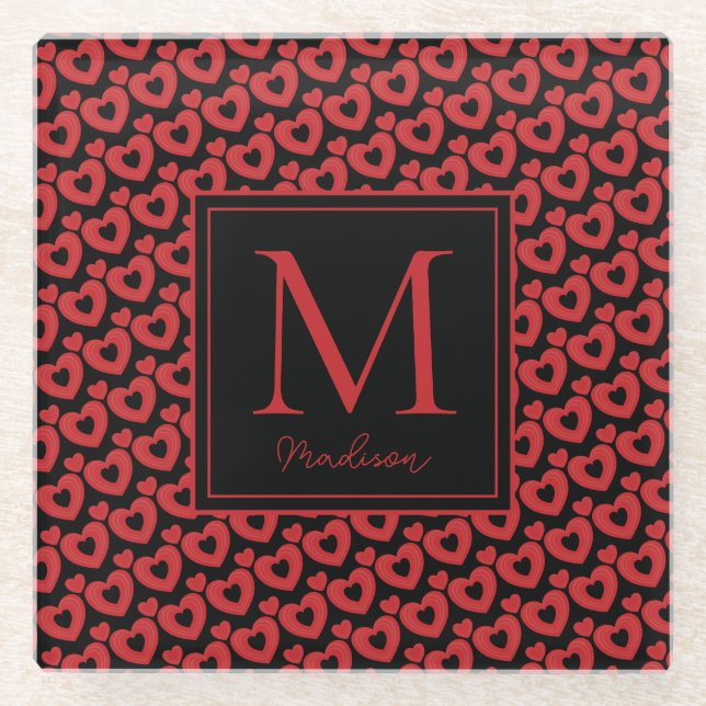 Red & Black Hearts Personalized Monogram  Glass Coaster (Front)