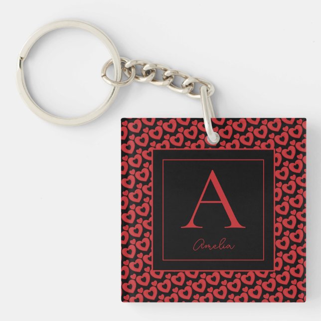 Red & Black Hearts Personalized Monogram  Keychain (Front)