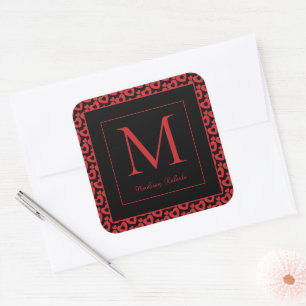 Red & Black Hearts Personalized Monogram  Square Sticker