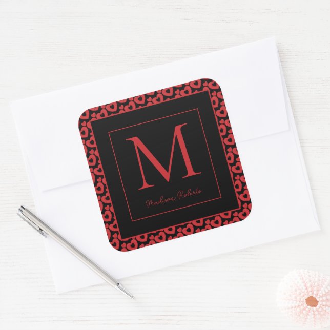 Red & Black Hearts Personalized Monogram  Square Sticker (Envelope)