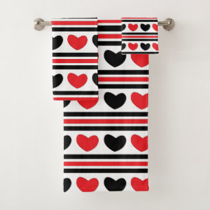 Red Black Hearts Stripes Valentine Pattern Bath Towel Set