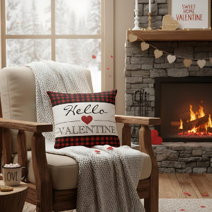 Red & Black Hello Valentine Plaid Gingham Throw Pillow