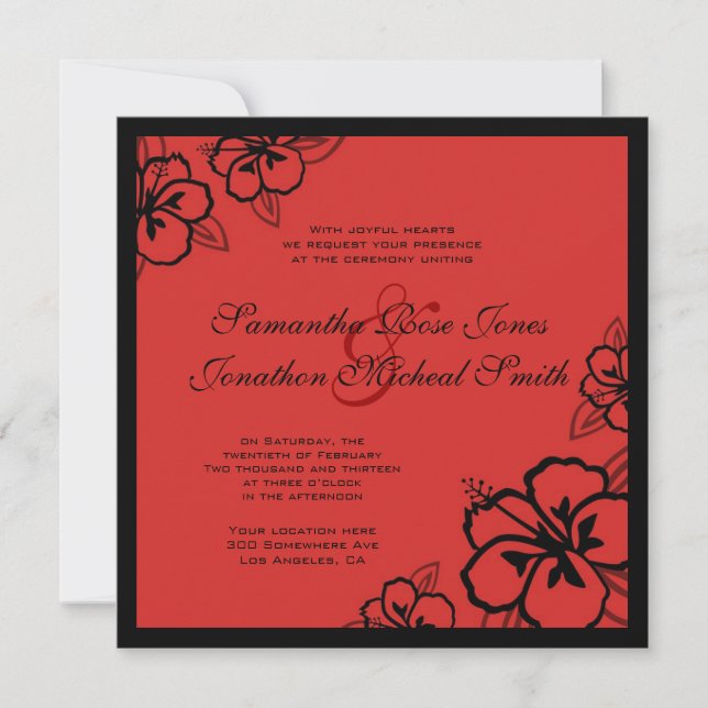 Red & Black Hibiscus Flowers Custom Wedding Invitation (Front)