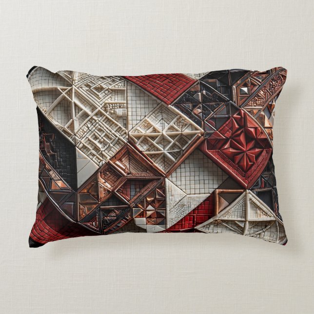Red Black Ivory Micro Mosaic 3D Geometric Accent Pillow (Front)