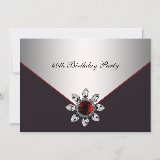 Red Black Jewel Womans 40th Birthday Party Invitation (Front)