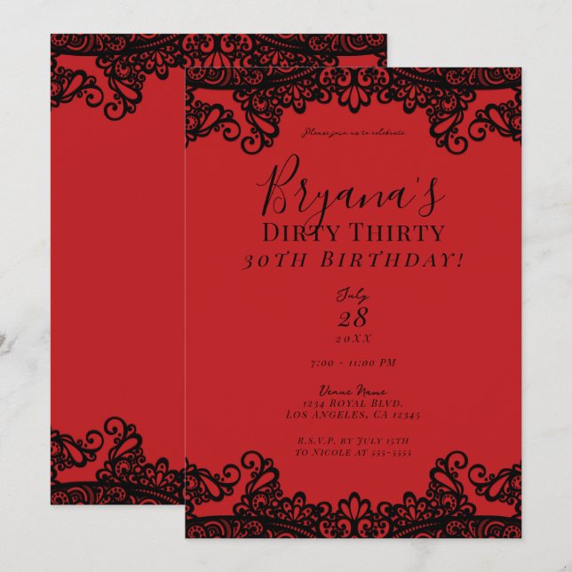 Red & Black Lace Chic Dirty 30 30th Birthday Invitation (Front/Back)