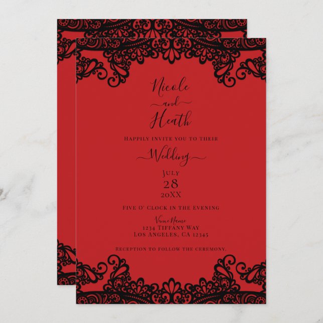 Red & Black Lace Elegant Wedding    Invitation (Front/Back)