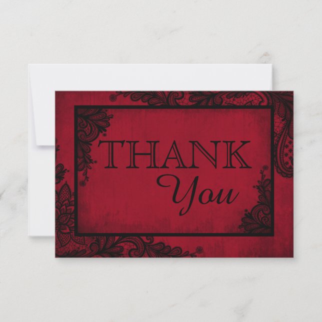 Red Black Lace Gothic Wedding Thank You Card (Front)