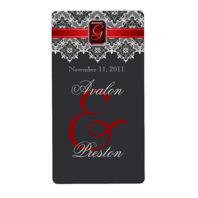 Red & Black Lace Jewelled Wedding Wine Label (Front)