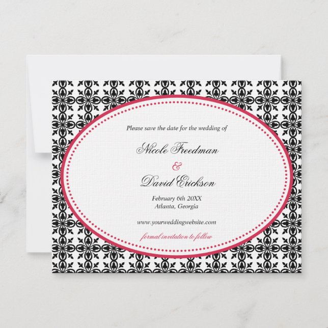 Red black lace oval preppy wedding save the date (Front)