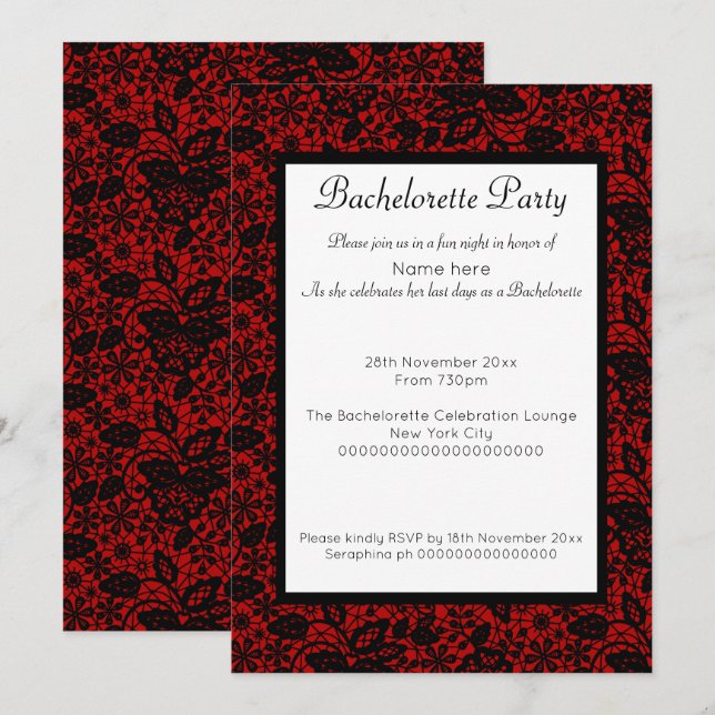RED BLACK LACE VINTAGE BACHELORETTE INVITATIONS (Front/Back)