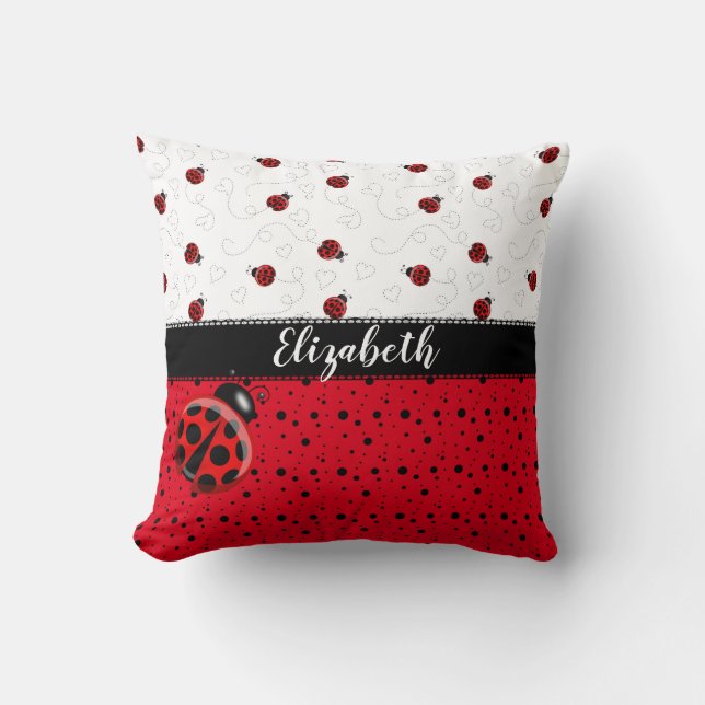 Red Black Ladybug Bug Insect Ladybird Beetles Name Throw Pillow (Front)
