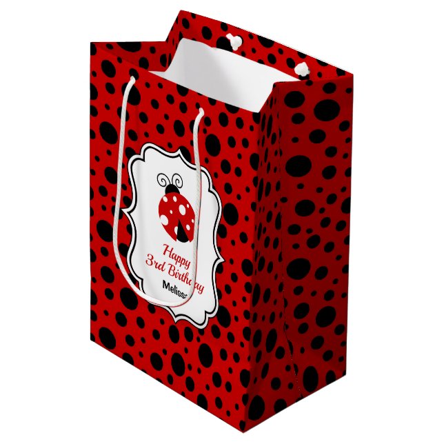 Red Black Ladybug Frame Polka Dots Kids Birthday  Medium Gift Bag (Front Angled)