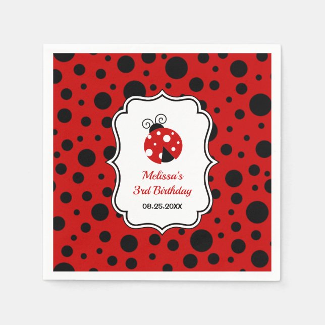 Red Black Ladybug Frame Polka Dots Kids Birthday  Napkin (Front)