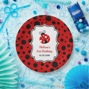 Red Black Ladybug Frame Polka Dots Kids Birthday Paper Plate
