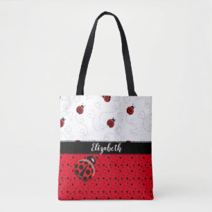 Red Black Ladybug Polka Dot Bug Beetles Name Tote Bag