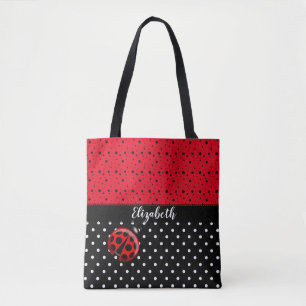 Red Black Ladybug Polka Dot Bug Beetles Name Tote Bag
