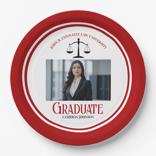Red Black Law School Photo Graduation Party Paper Plate (Front)