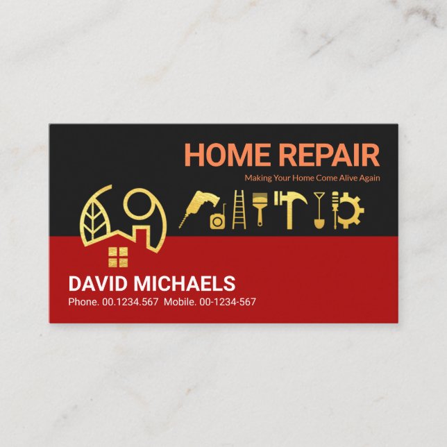 Red Black Layers Gold Home Handyman Tools Business Card (Front)