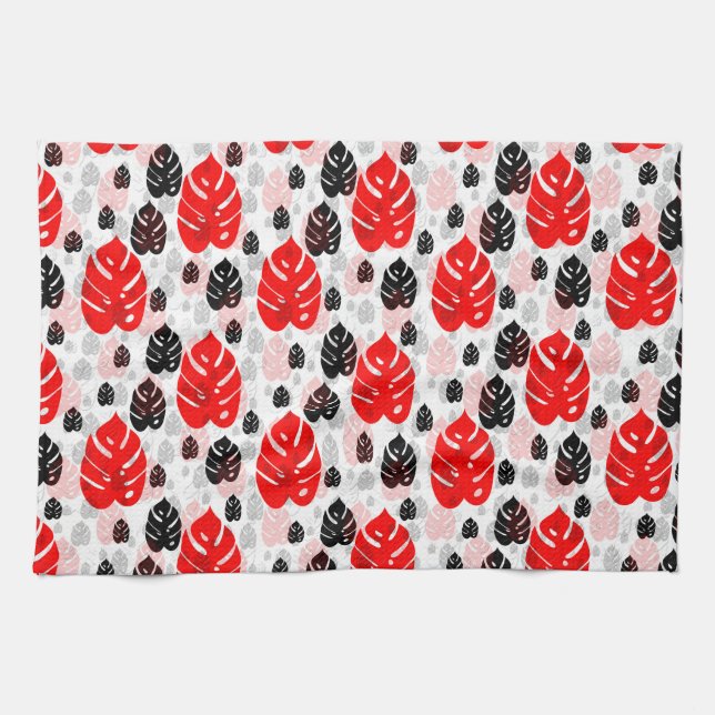 Red Black Leaf Illustration Pattern Design  Kitchen Towel (Horizontal)