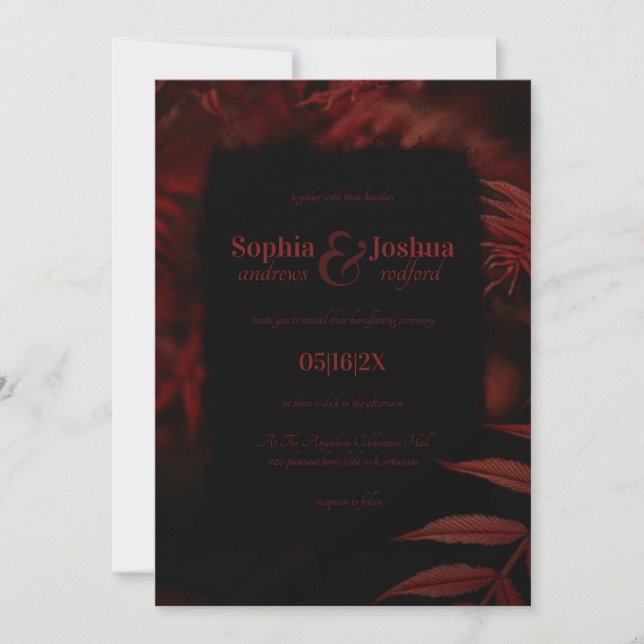 Red & Black Leaves Gothic Wedding Handfasting Invitation (Front)