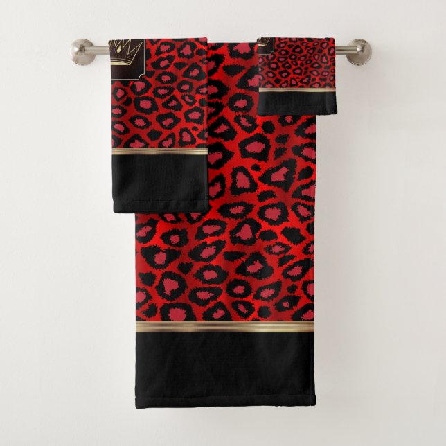 Red & Black Leopard Pattern with a Crown Bath Towel Set (Insitu)