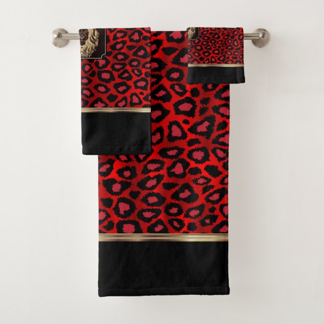 Red & Black Leopard Pattern with a Lion Head Bath  Bath Towel Set (Insitu)