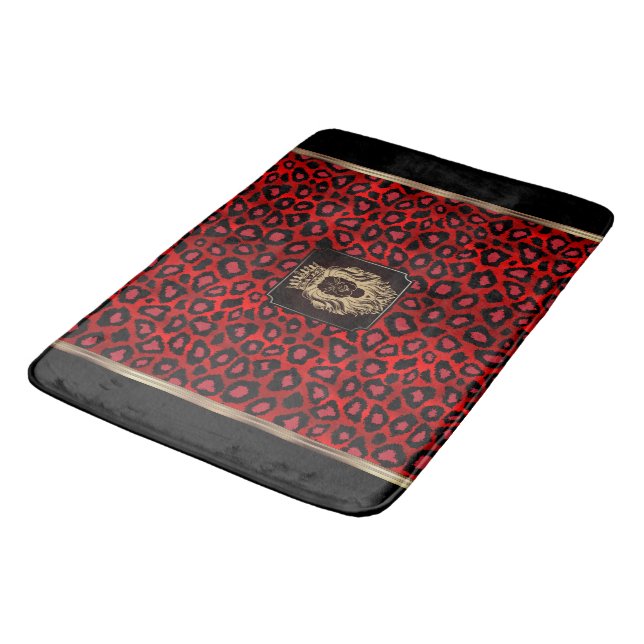 Red & Black Leopard Pattern with a Lion Head Bath Mat (Angled)