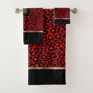 Red & Black Leopard Pattern with Monogram Bath Towel Set