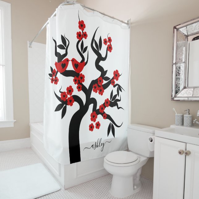 Red black Love birds sakura cherry tree & blossoms (In Situ)
